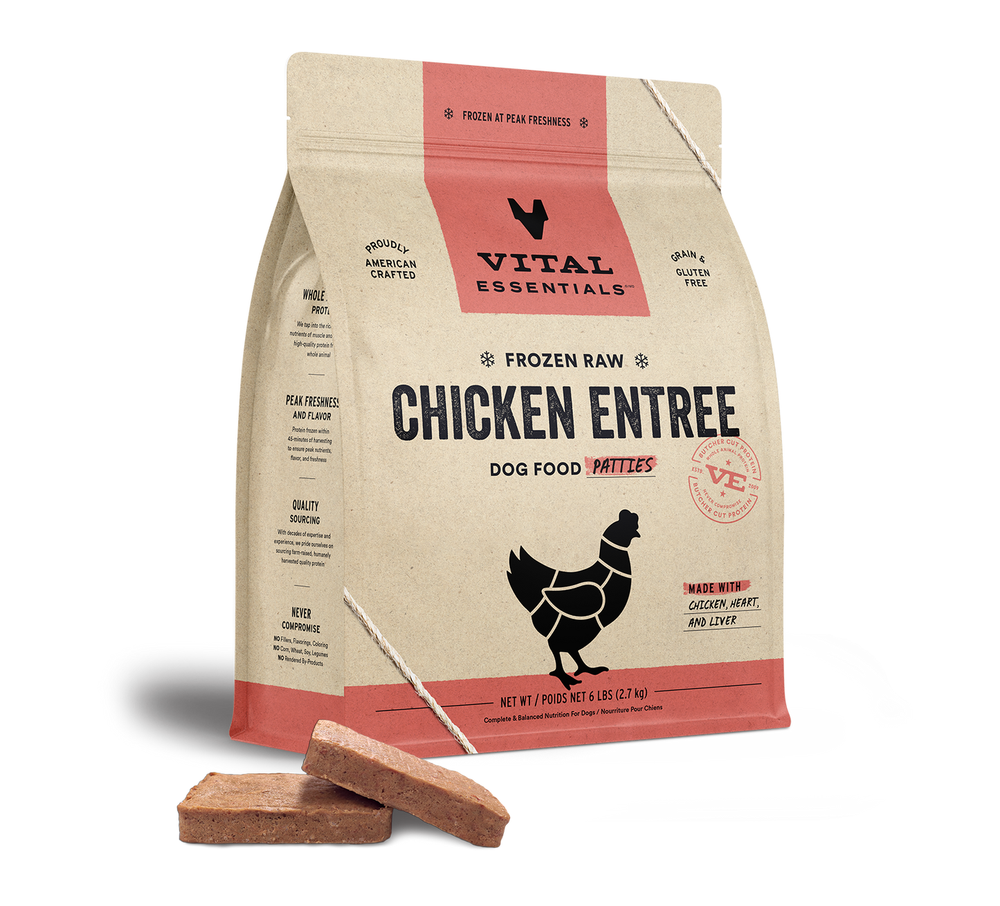 package front vital essentials®_frozen raw_chicken_entree_patties_dog food