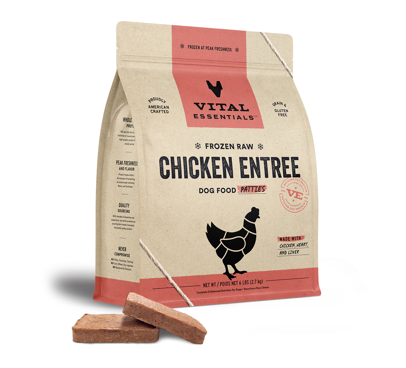 package front vital essentials®_frozen raw_chicken_entree_patties_dog food