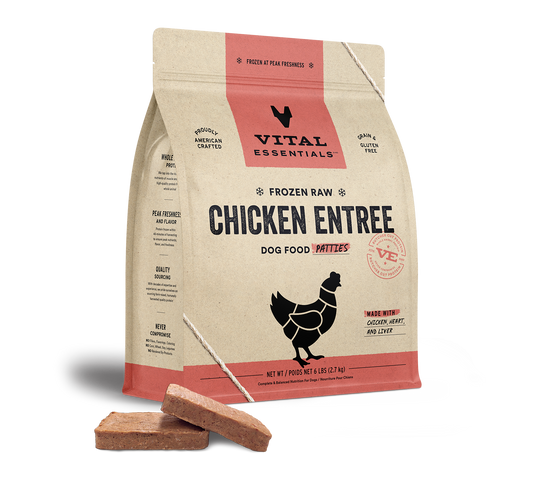 package front vital essentials®_frozen raw_chicken_entree_patties_dog food