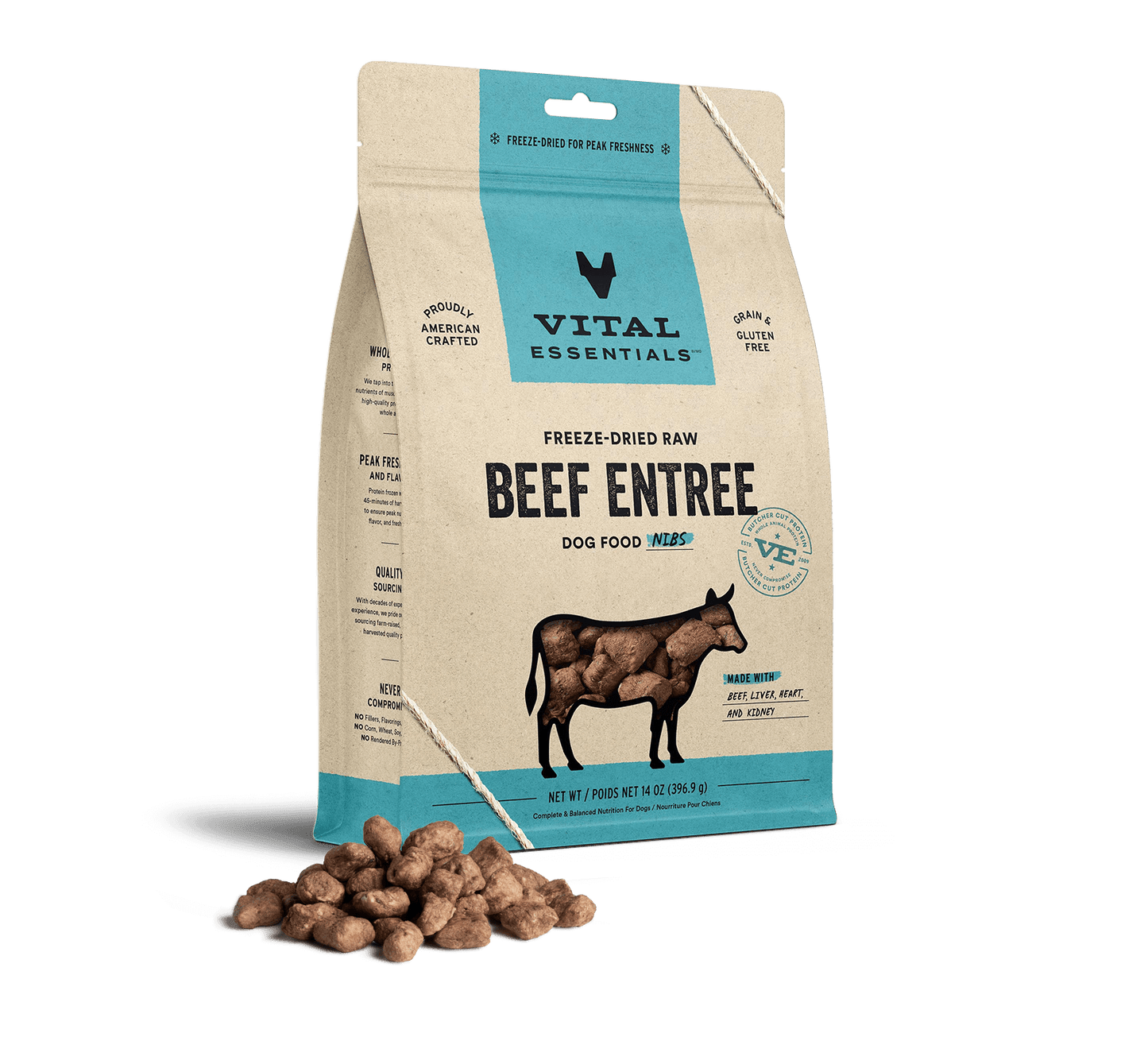 package front vital essentials®_freeze-dried raw_beef_entree_nibs_dog food