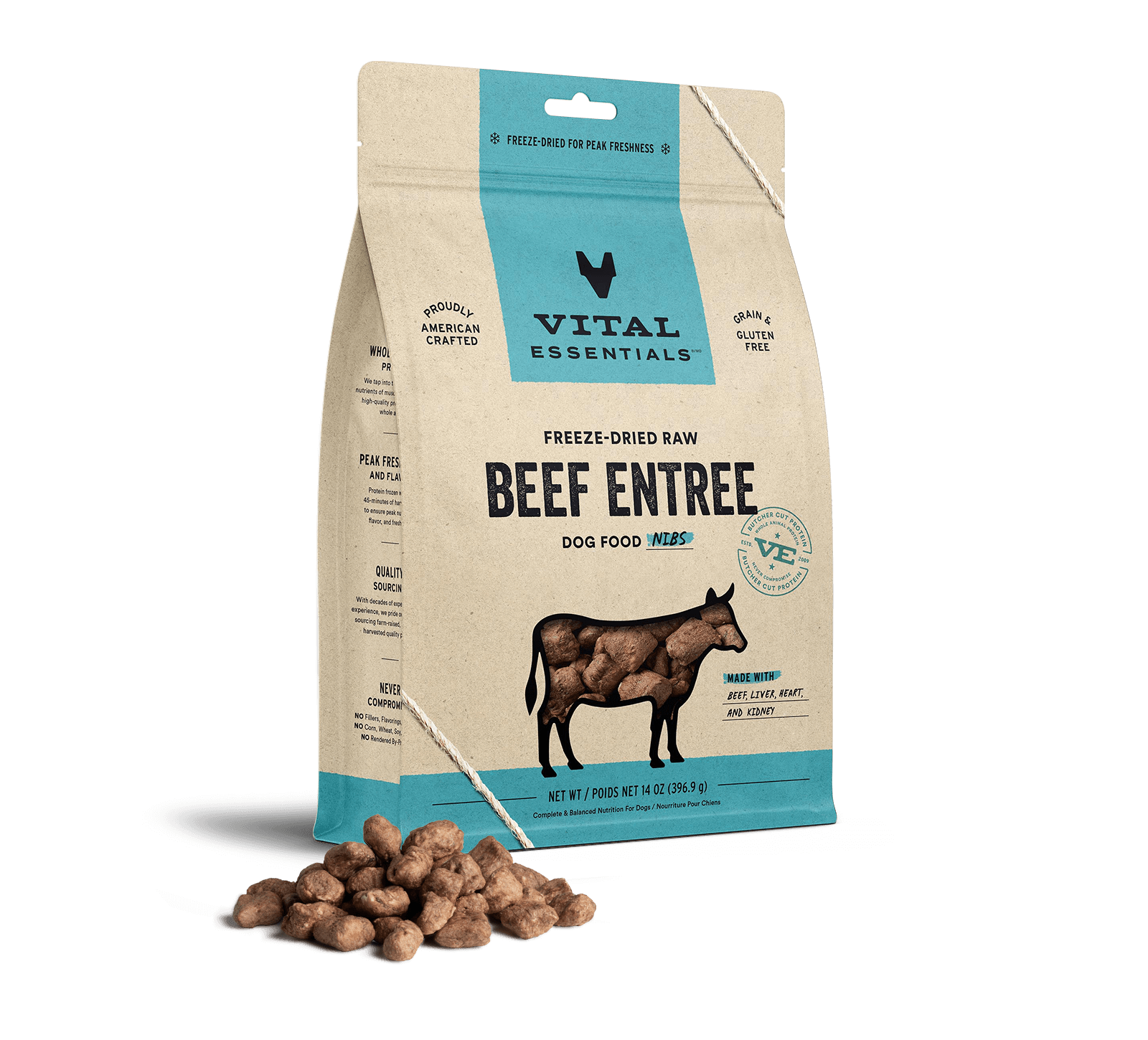 package front vital essentials®_freeze-dried raw_beef_entree_nibs_dog food