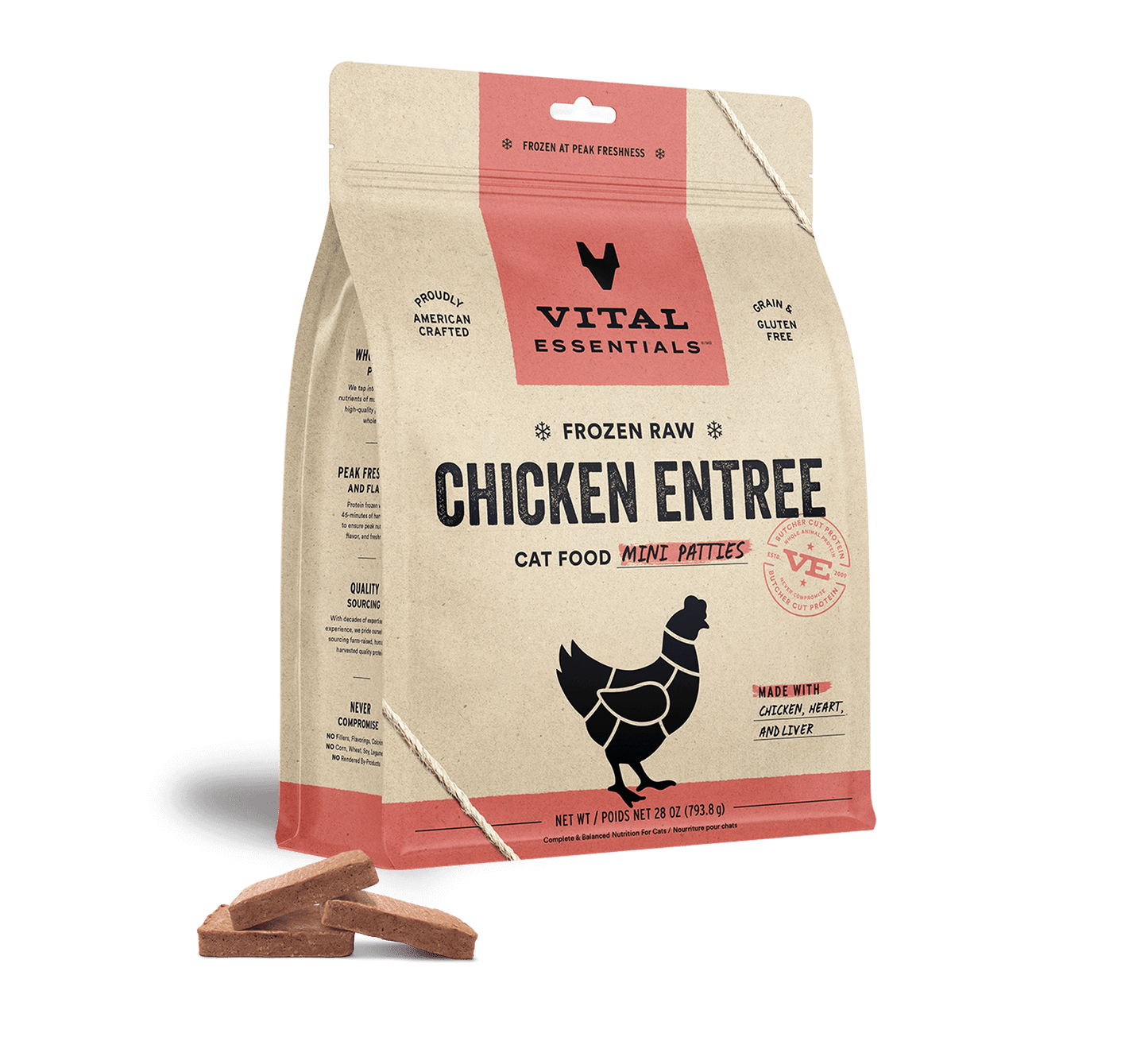 package front vital essentials®_frozen raw_chicken_entree_mini patties_cat food