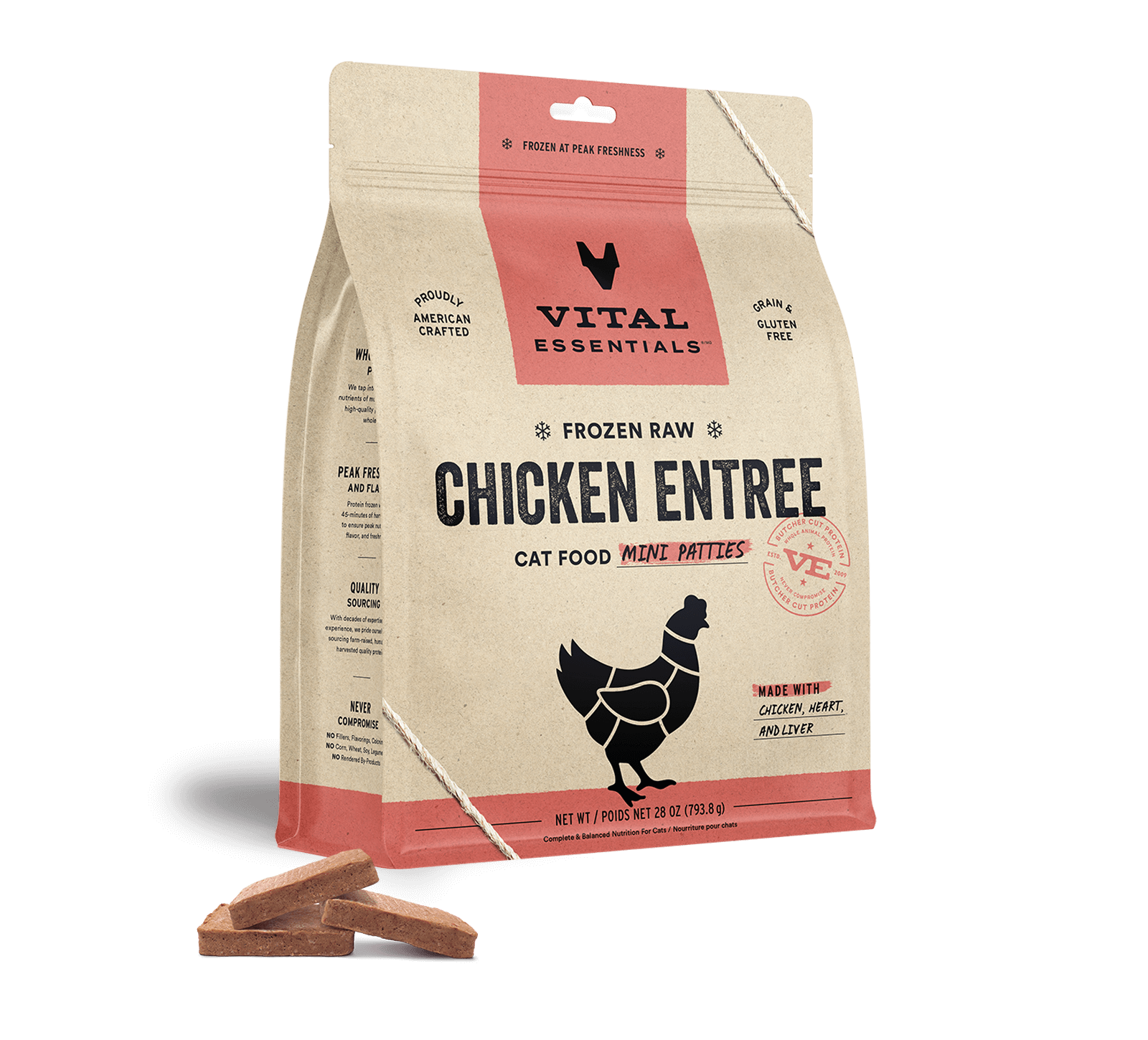 package front vital essentials®_frozen raw_chicken_entree_mini patties_cat food