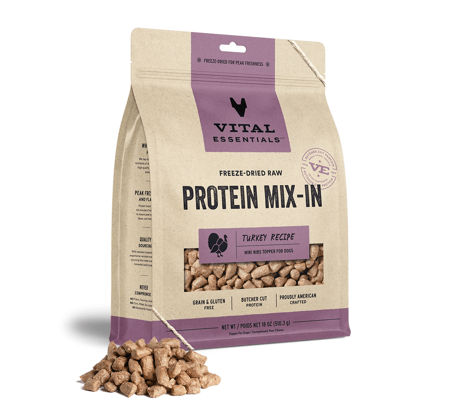 package front vital essentials®_freeze-dried raw protein mix-in_turkey_recipe_mini nibs_topper for dogs