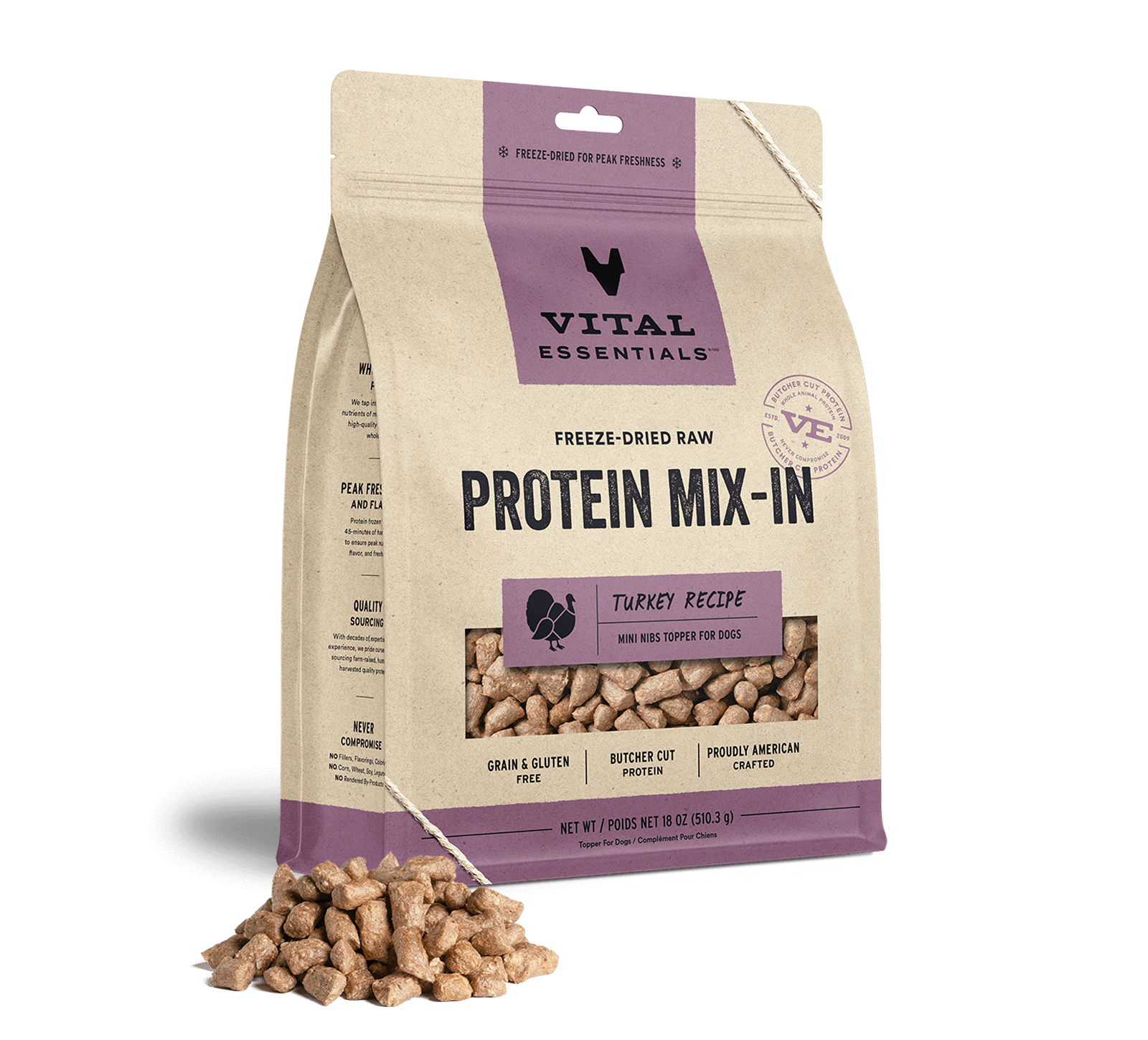 package front vital essentials®_freeze-dried raw protein mix-in_turkey_recipe_mini nibs_topper for dogs