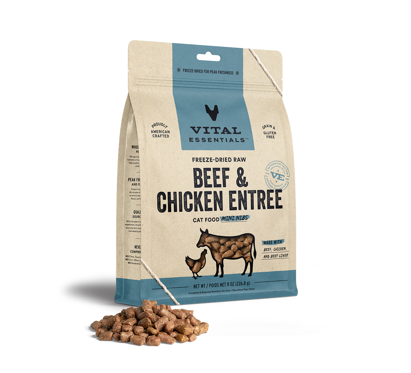 package front vital essentials®_freeze-dried raw_beef & chicken_entree_mini nibs_cat food