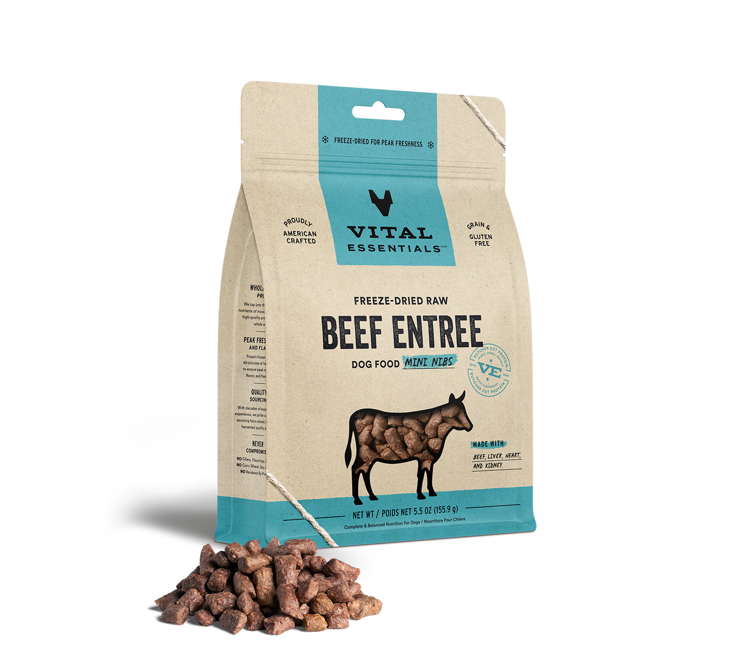 package front vital essentials®_freeze-dried raw_beef_entree_mini nibs_dog food