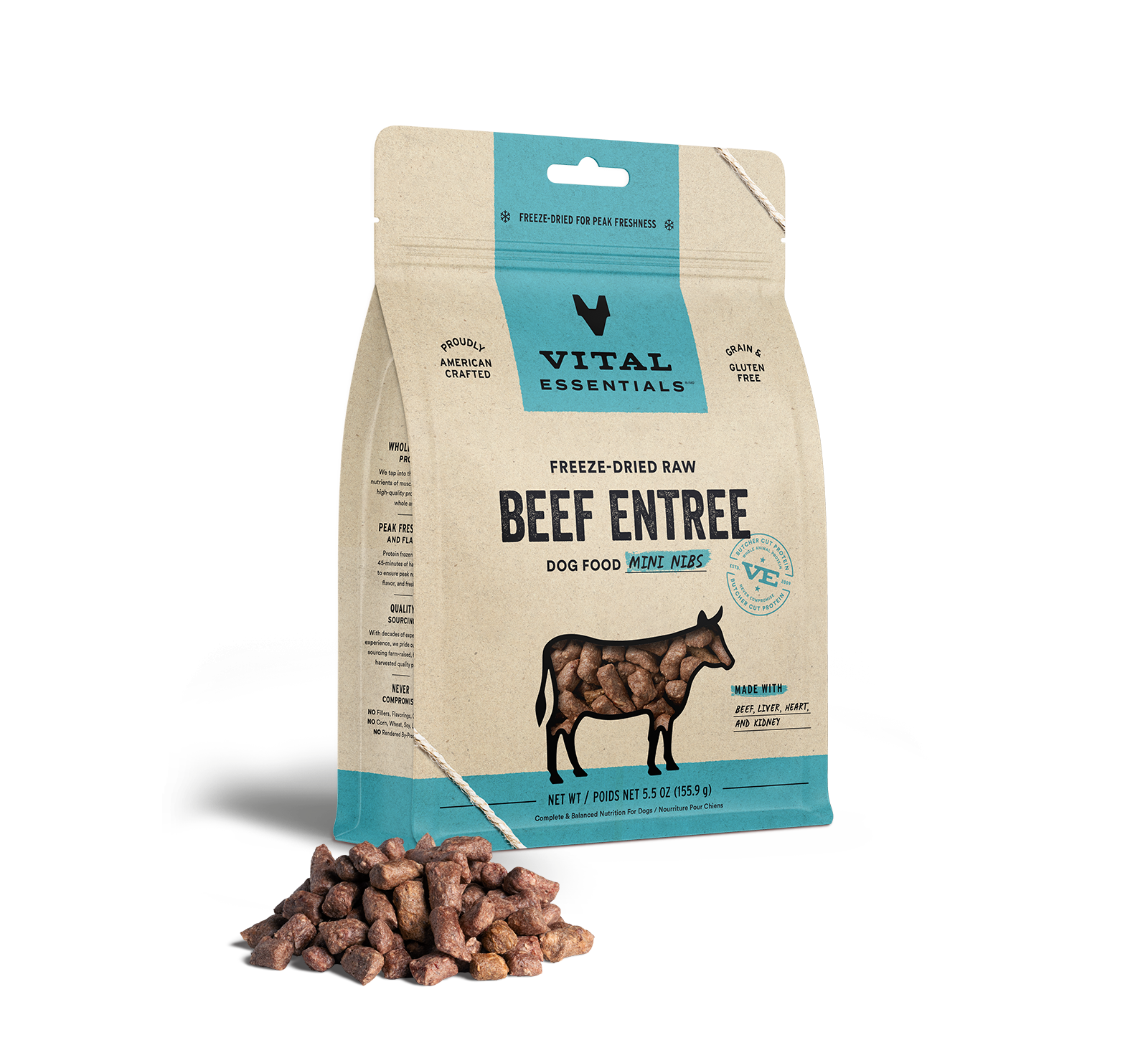 package front vital essentials®_freeze-dried raw_beef_entree_mini nibs_dog food