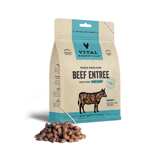 package front vital essentials®_freeze-dried raw_beef_entree_mini nibs_dog food