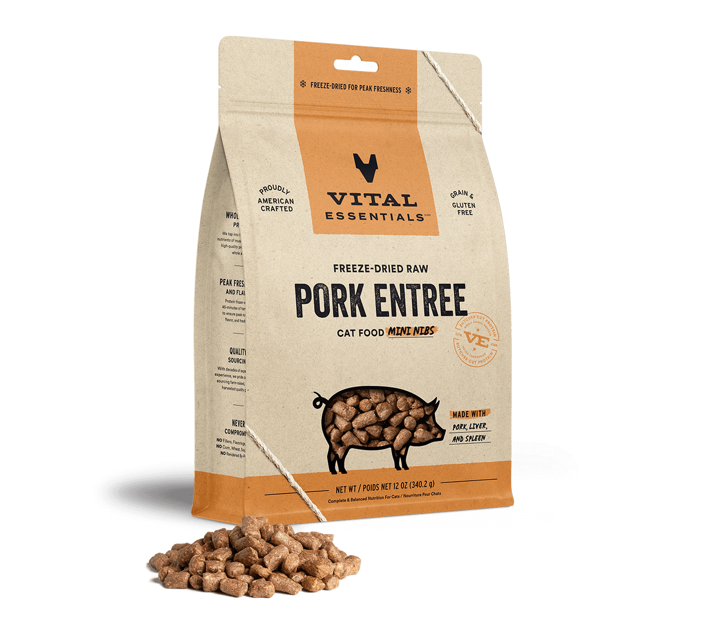 package front vital essentials®_freeze-dried raw_pork_entree_mini nibs_cat food