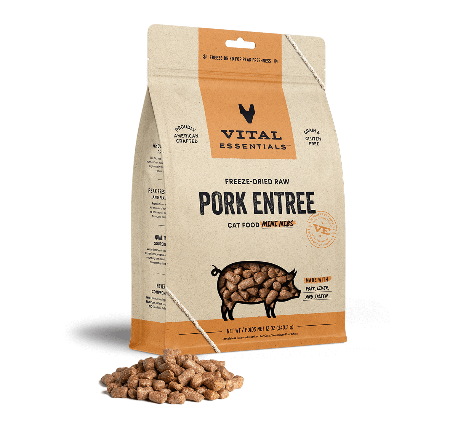 package front vital essentials®_freeze-dried raw_pork_entree_mini nibs_cat food