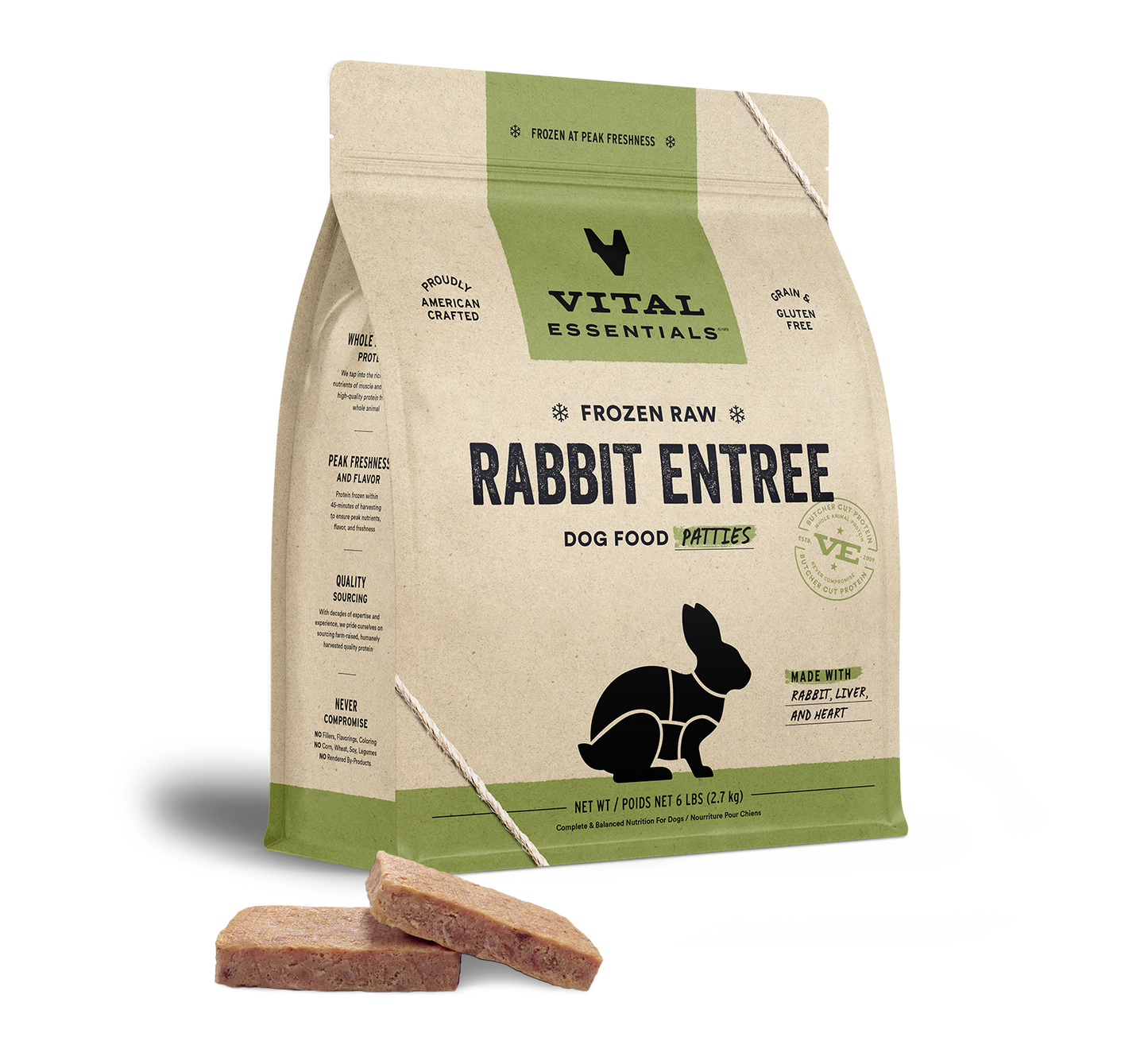 package front vital essentials®_frozen raw_rabbit_entree_patties_dog food