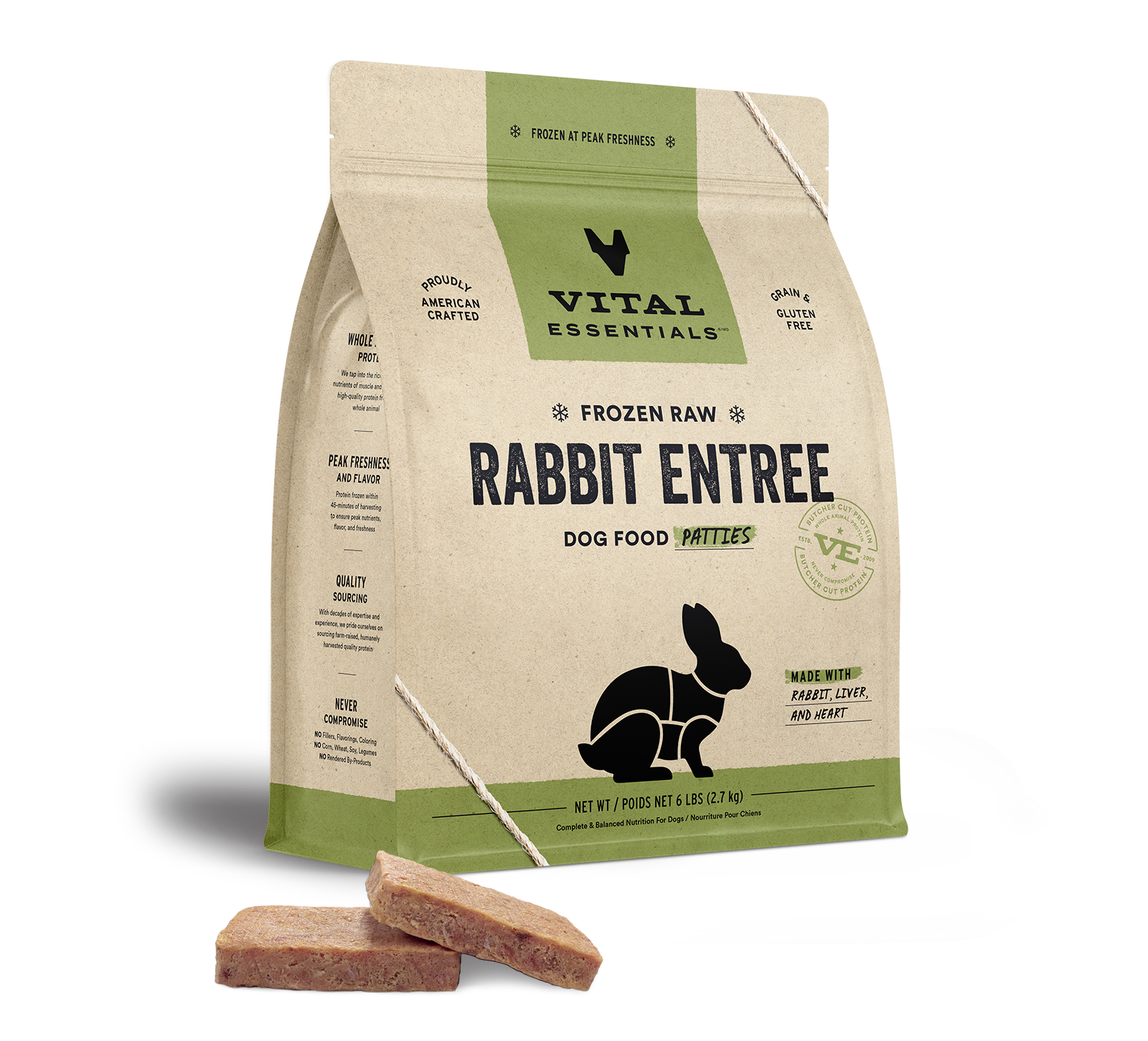 package front vital essentials®_frozen raw_rabbit_entree_patties_dog food