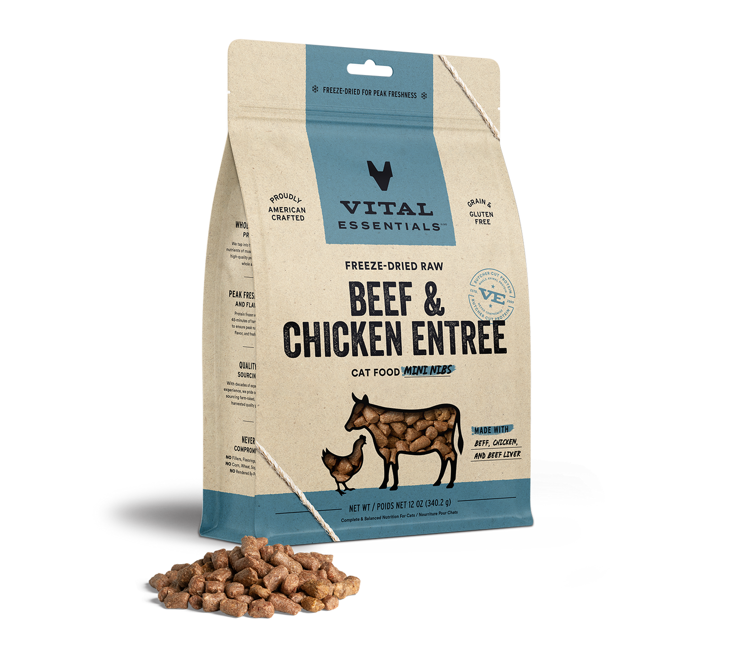 package front vital essentials®_freeze-dried raw_beef & chicken_entree_mini nibs_cat food