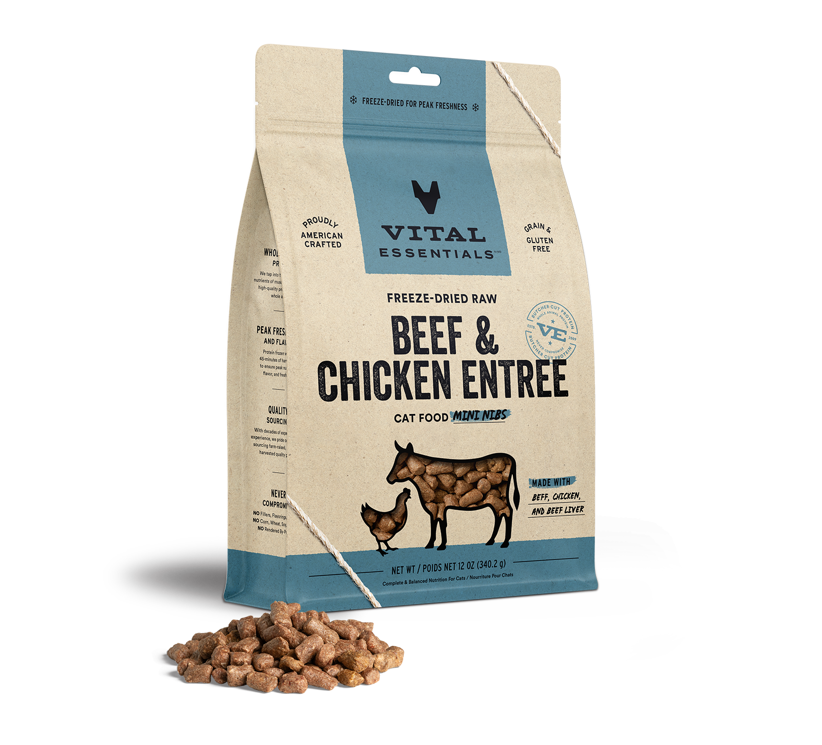 package front vital essentials®_freeze-dried raw_beef & chicken_entree_mini nibs_cat food