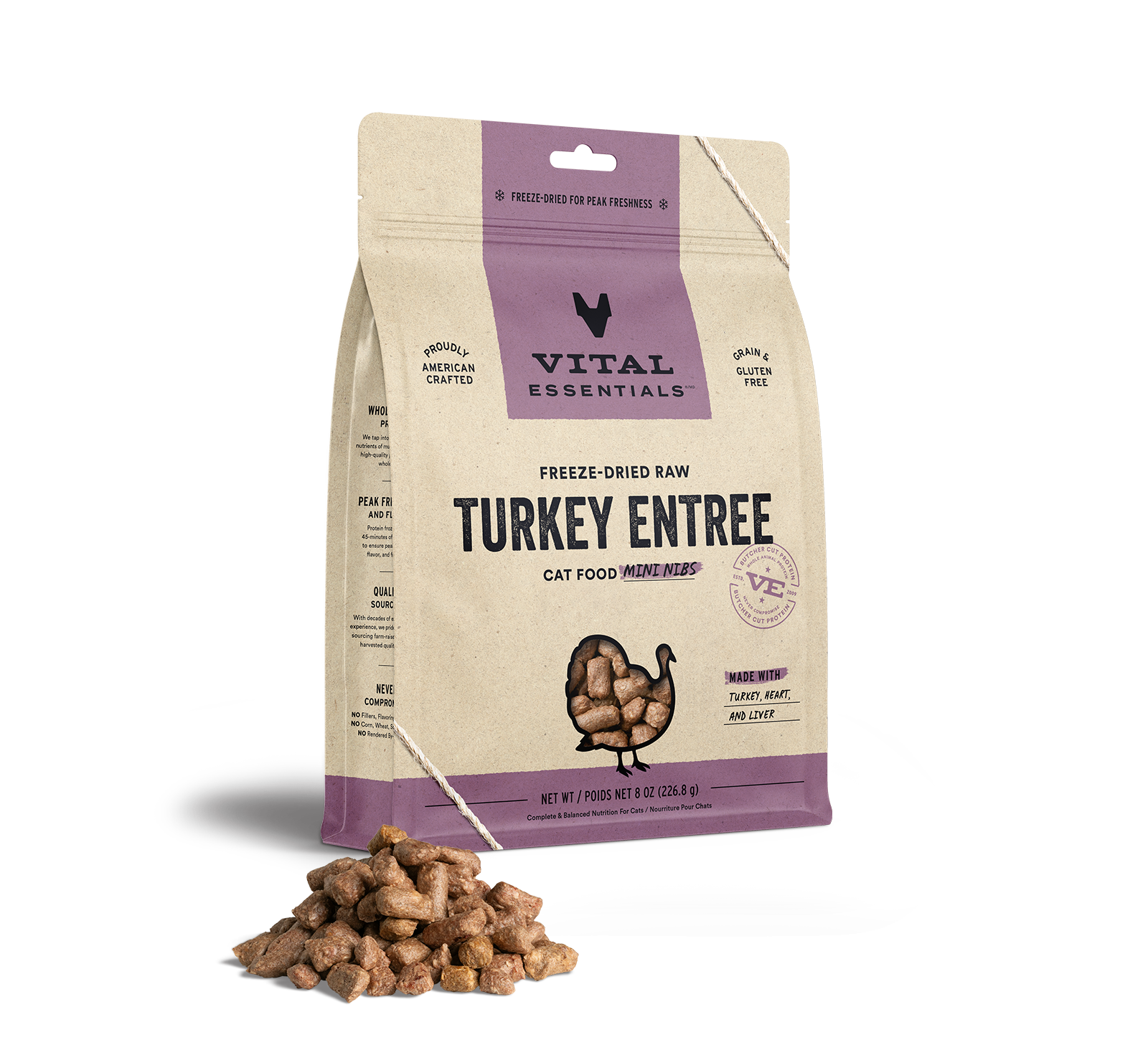 package front vital essentials®_freeze-dried raw_turkey_entree_mini nibs_cat food