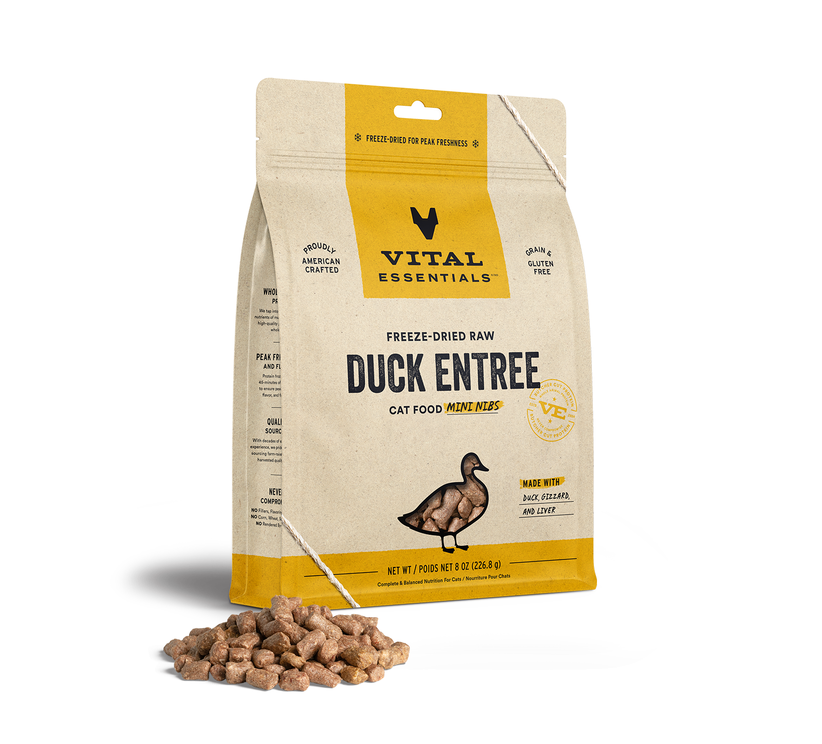 package front vital essentials®_freeze-dried raw_duck_entree_mini nibs_cat food