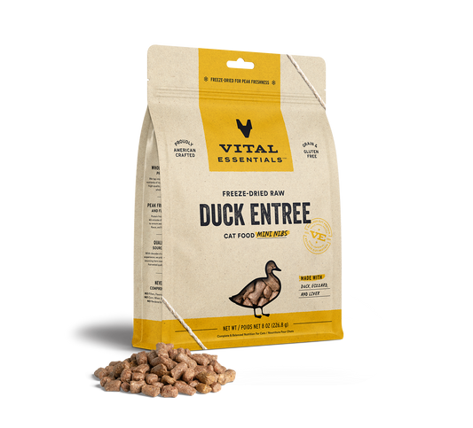 package front vital essentials®_freeze-dried raw_duck_entree_mini nibs_cat food