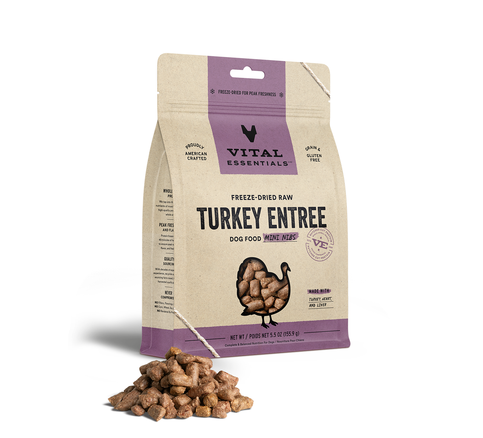 package front vital essentials®_freeze-dried raw_turkey_entree_mini nibs_dog food