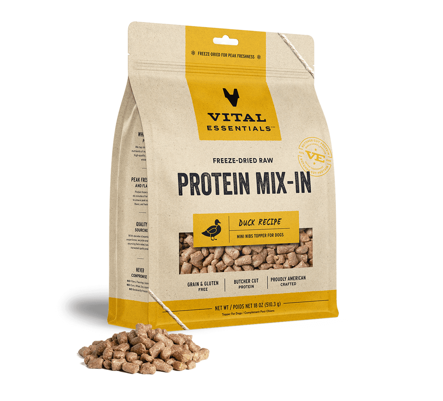 package front vital essentials®_freeze-dried raw protein mix-in_duck_recipe_mini nibs_topper for dogs