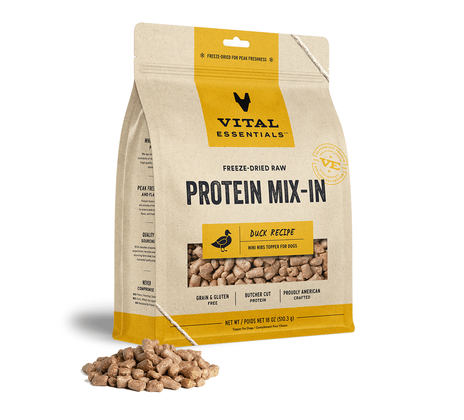 package front vital essentials®_freeze-dried raw protein mix-in_duck_recipe_mini nibs_topper for dogs