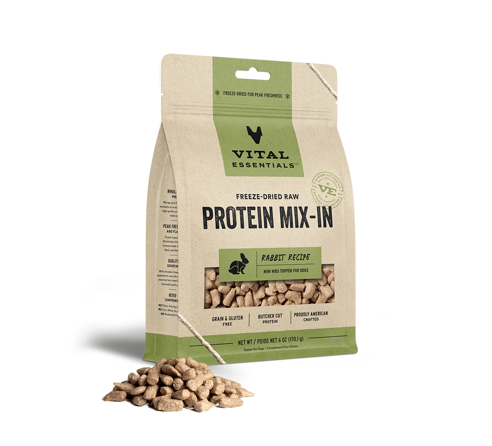 package front vital essentials®_freeze-dried raw protein mix-in_rabbit_recipe_mini nibs_topper for dogs