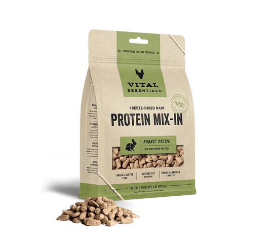 package front vital essentials®_freeze-dried raw protein mix-in_rabbit_recipe_mini nibs_topper for dogs