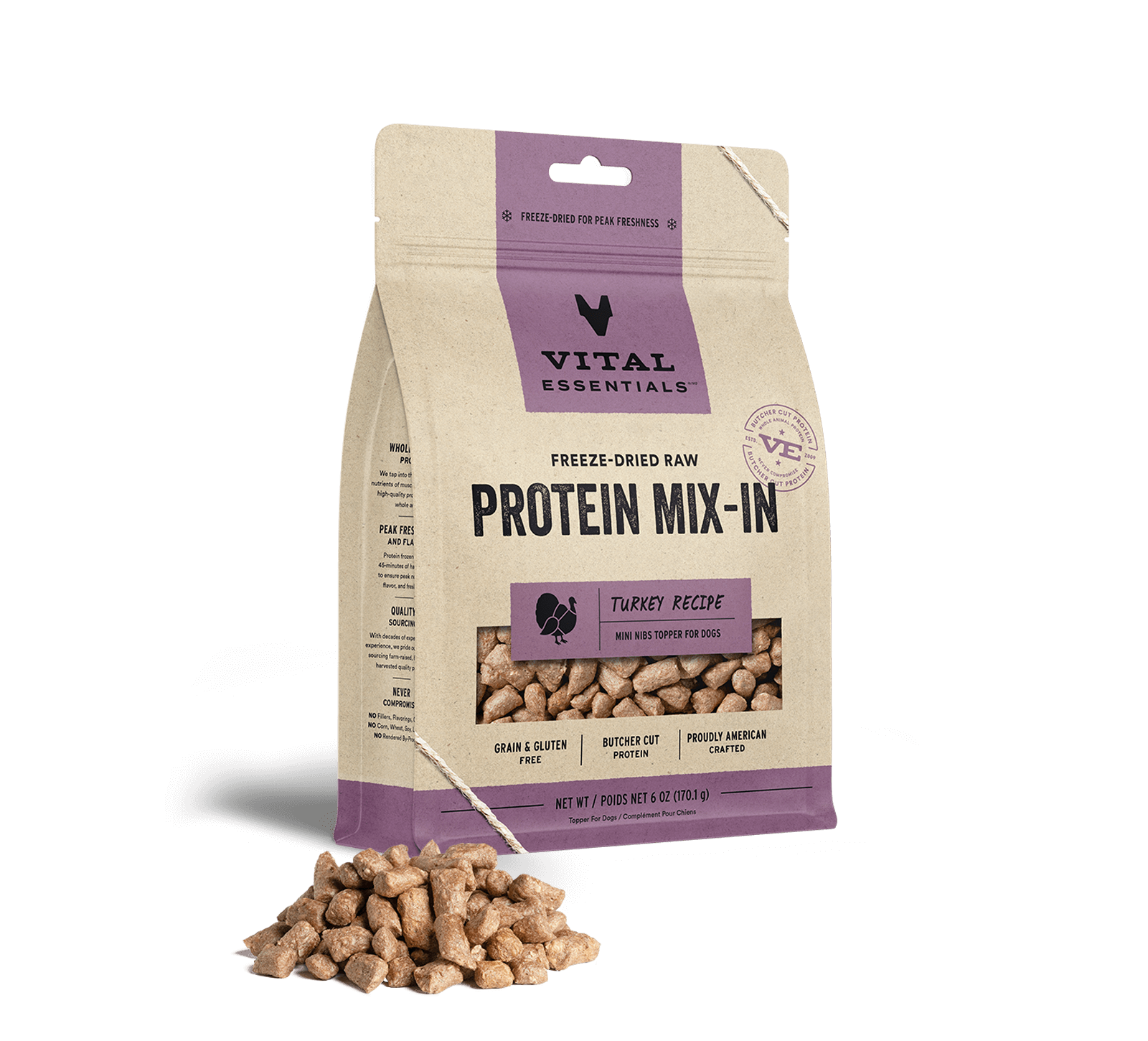 package front vital essentials®_freeze-dried raw protein mix-in_turkey_recipe_mini nibs_topper for dogs