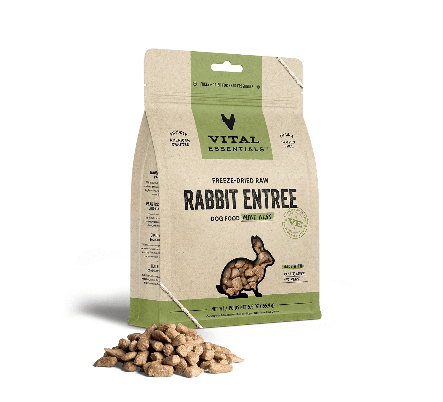 package front vital essentials®_freeze-dried raw_rabbit_entree_mini nibs_dog food