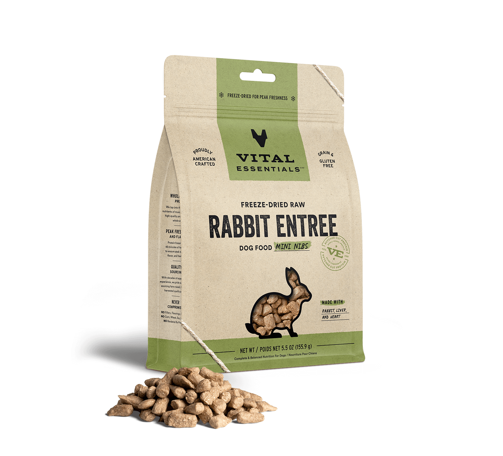 package front vital essentials®_freeze-dried raw_rabbit_entree_mini nibs_dog food