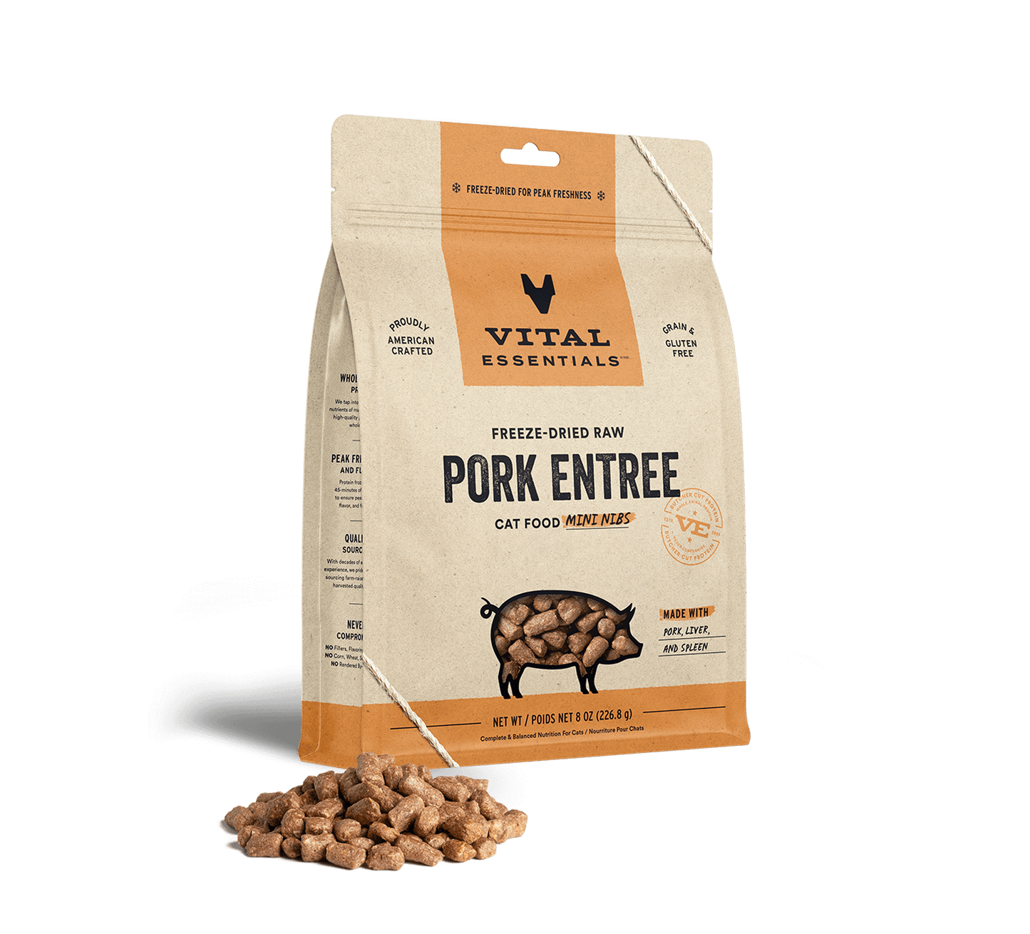 package front vital essentials®_freeze-dried raw_pork_entree_mini nibs_cat food