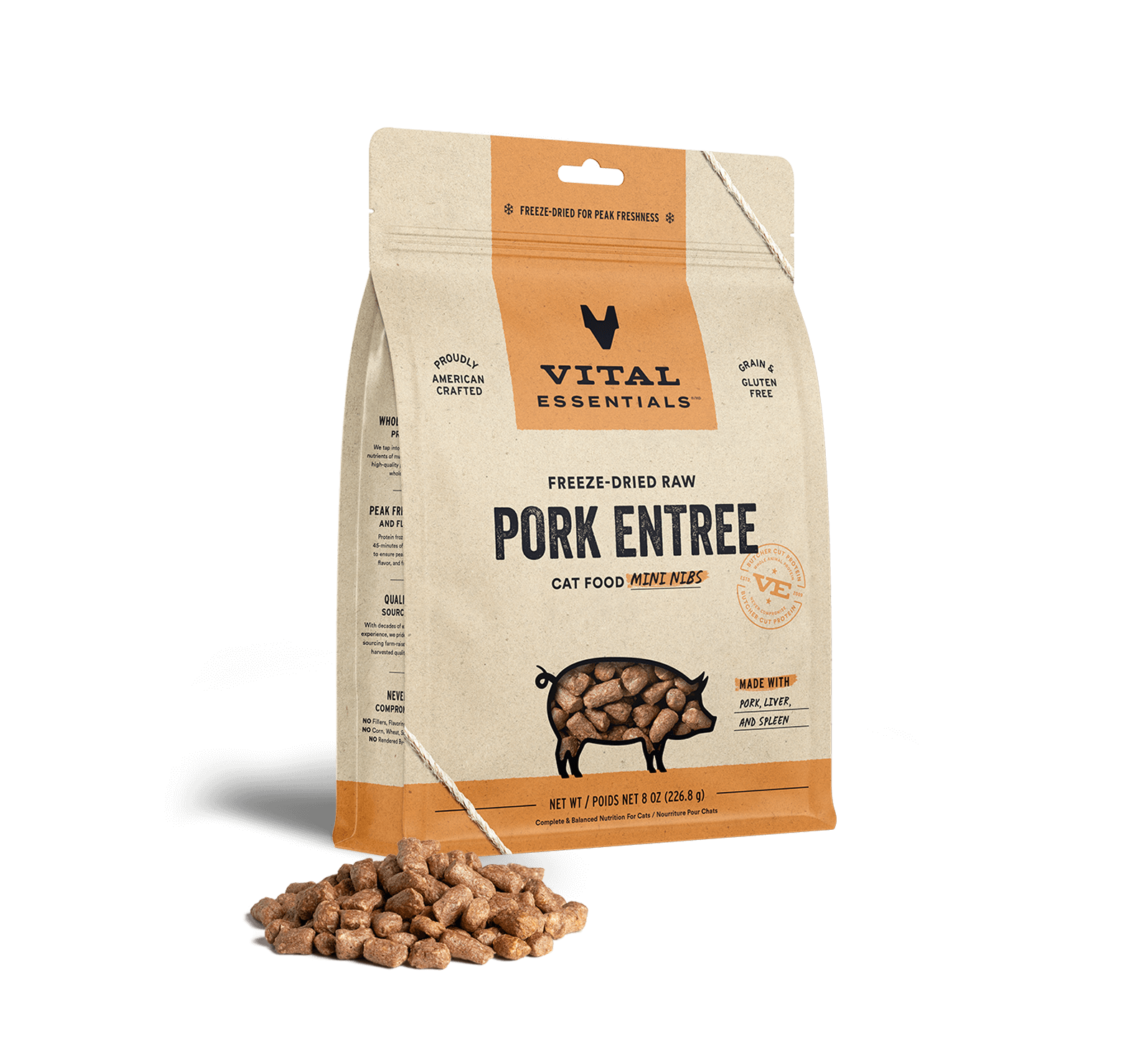 package front vital essentials®_freeze-dried raw_pork_entree_mini nibs_cat food