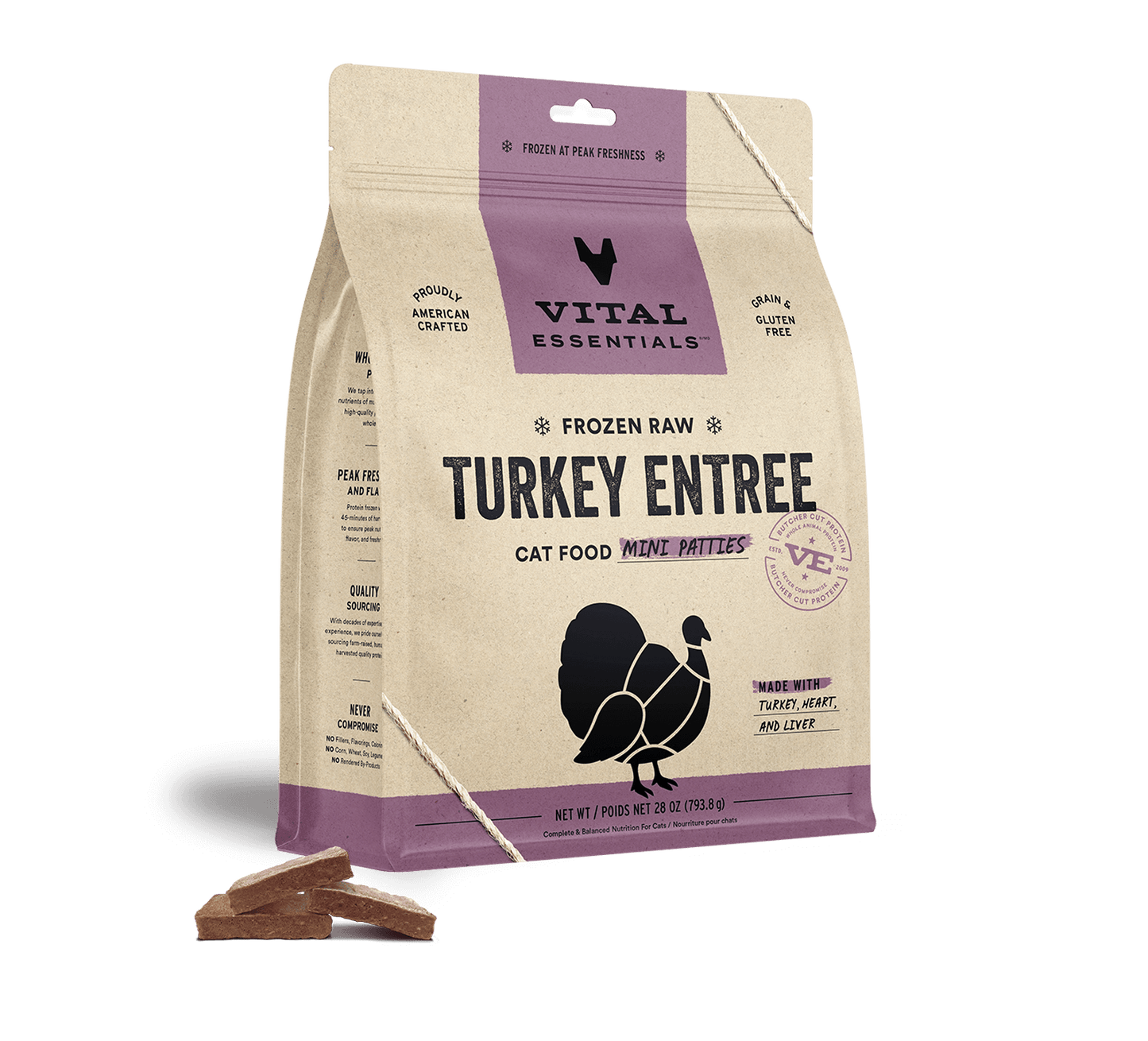 package front vital essentials®_frozen raw_turkey_entree_mini patties_cat food