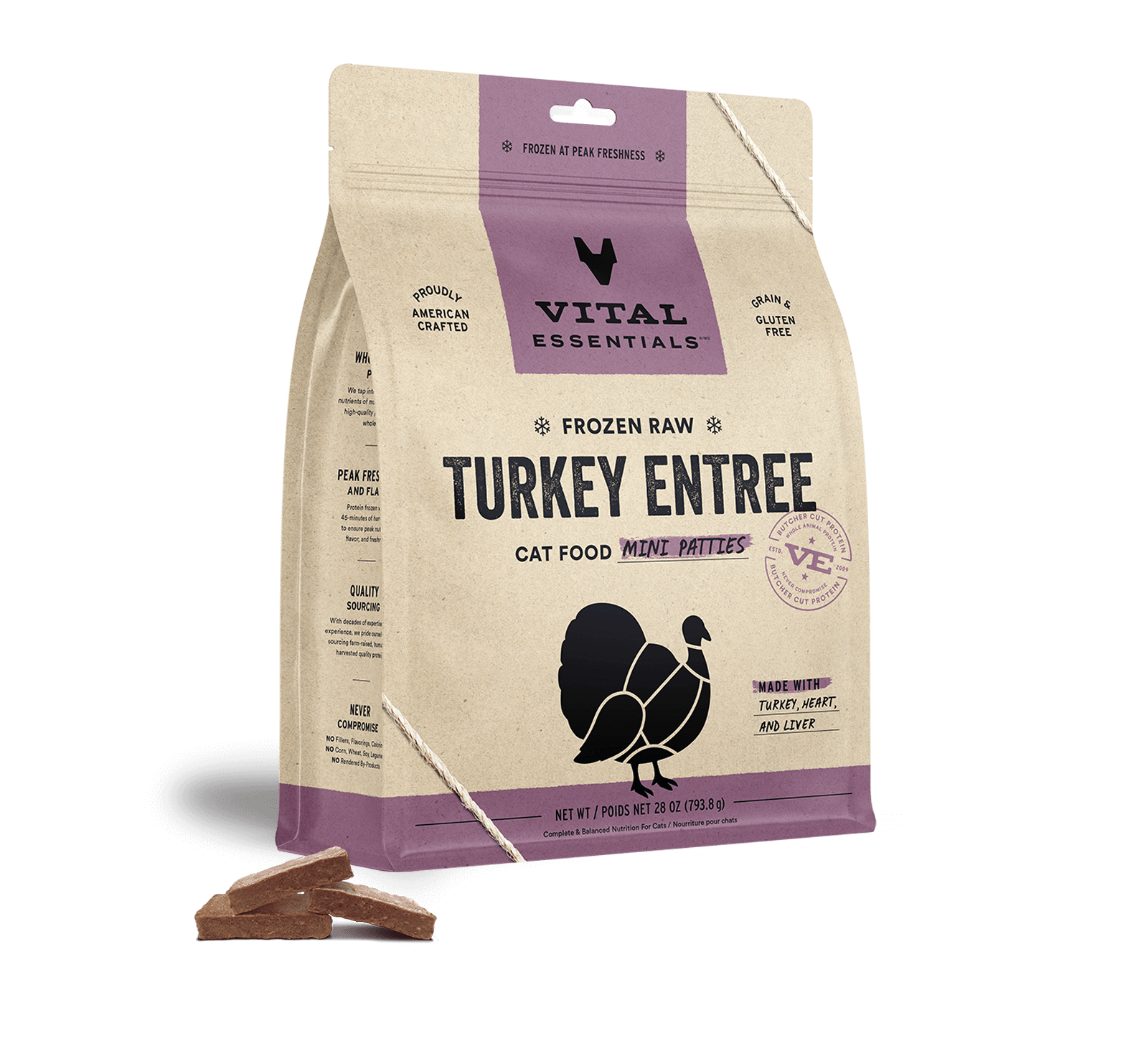 package front vital essentials®_frozen raw_turkey_entree_mini patties_cat food