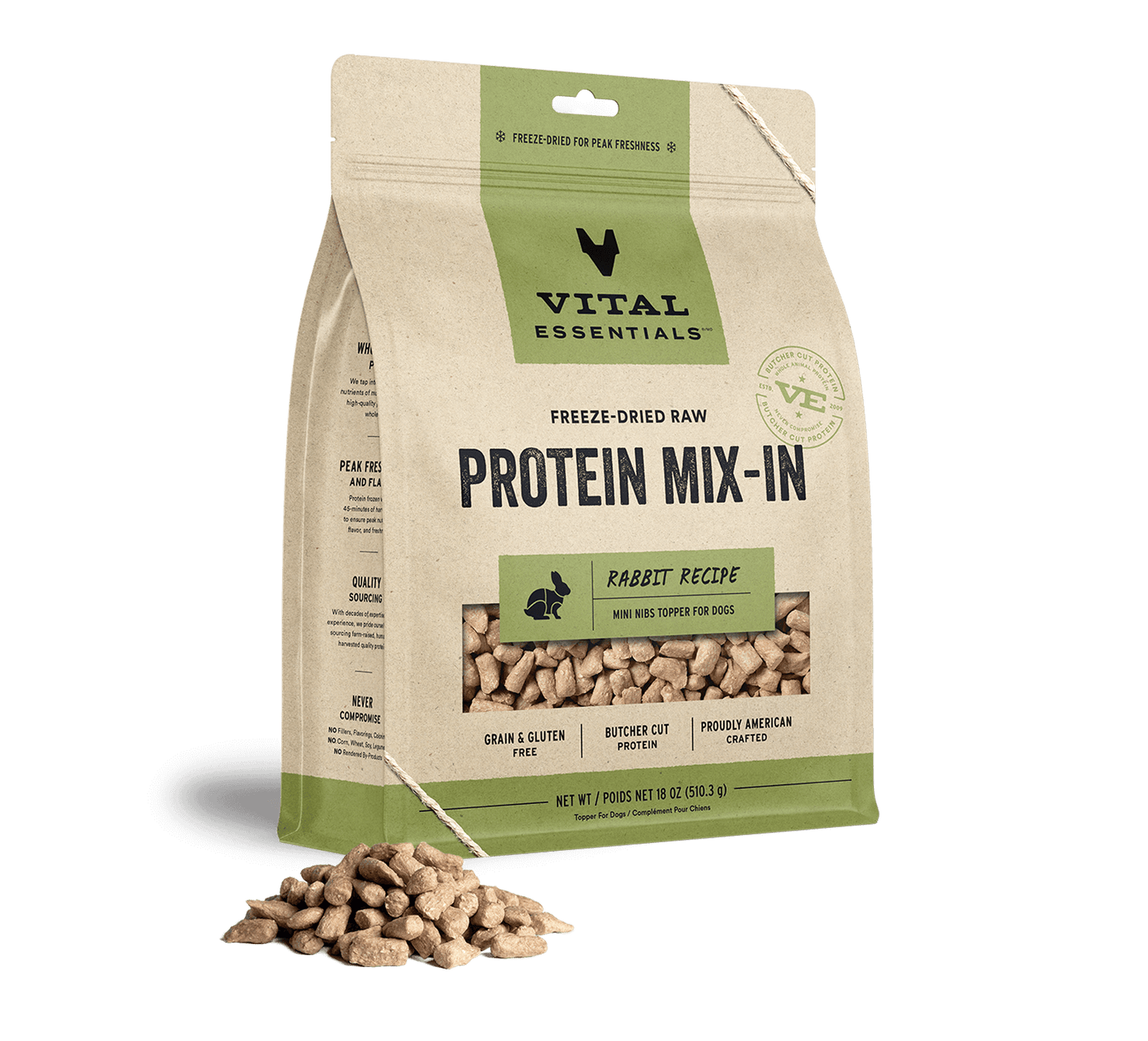 package front vital essentials®_freeze-dried raw protein mix-in_rabbit_recipe_mini nibs_topper for dogs