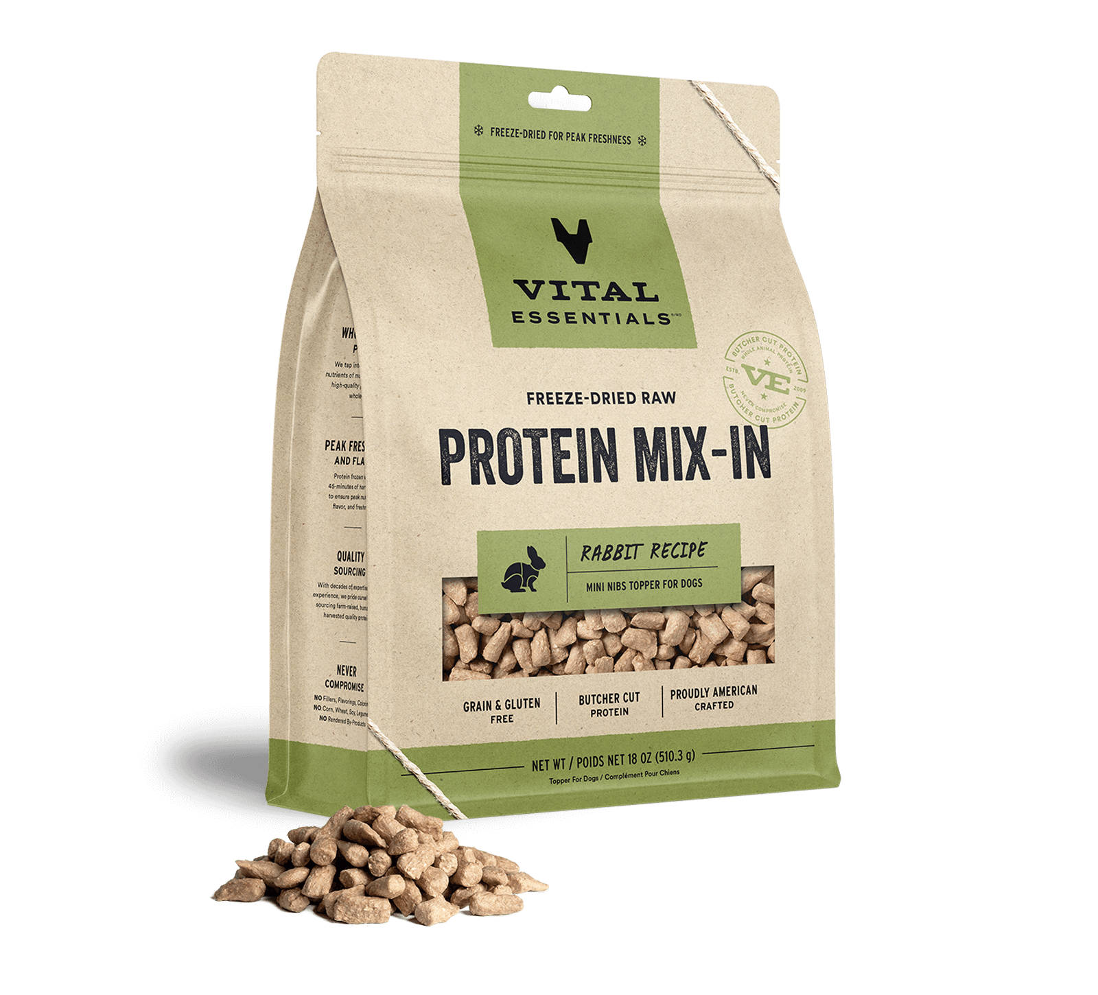 package front vital essentials®_freeze-dried raw protein mix-in_rabbit_recipe_mini nibs_topper for dogs