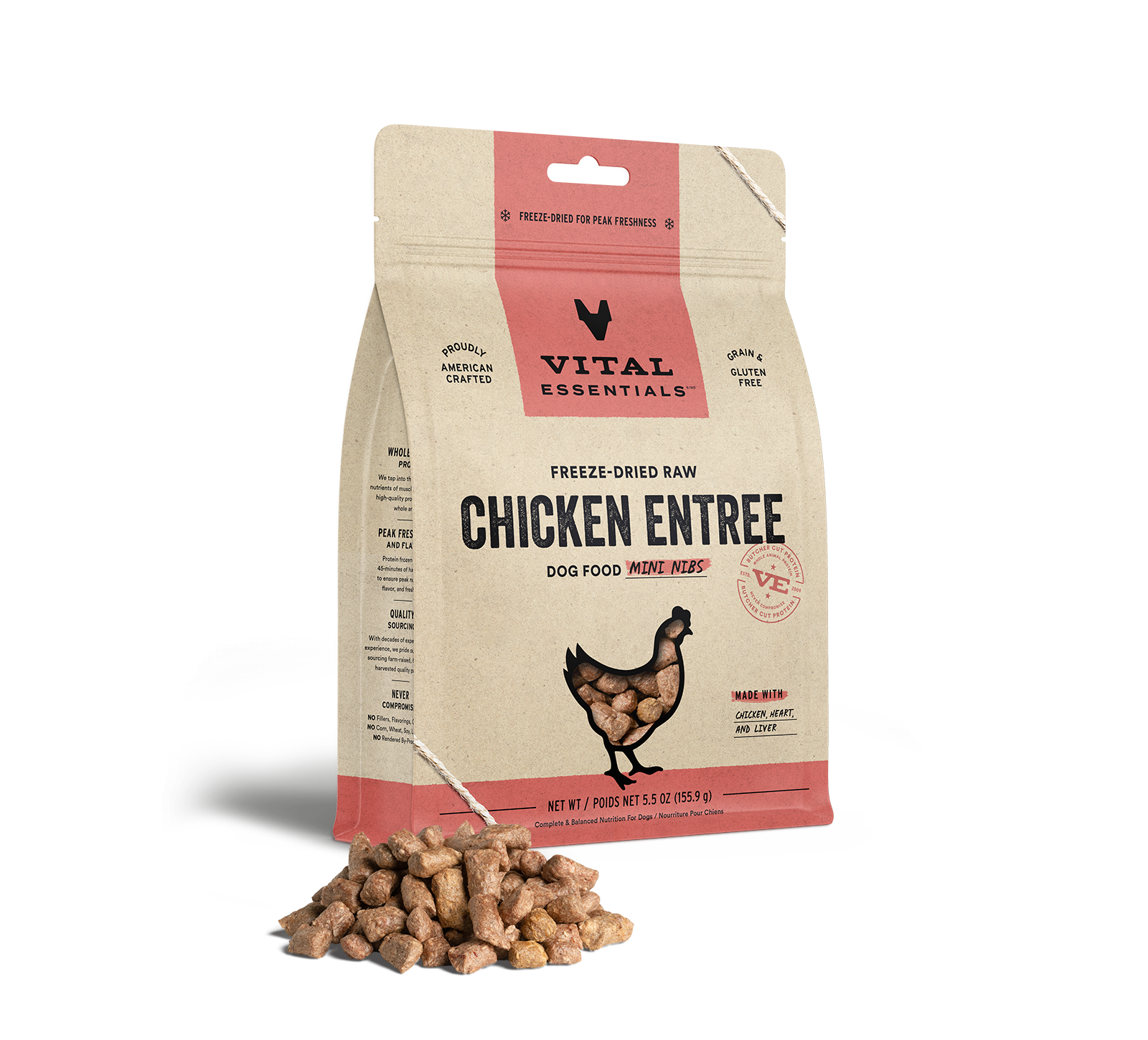 package front vital essentials®_freeze-dried raw_chicken_entree_mini nibs_dog food