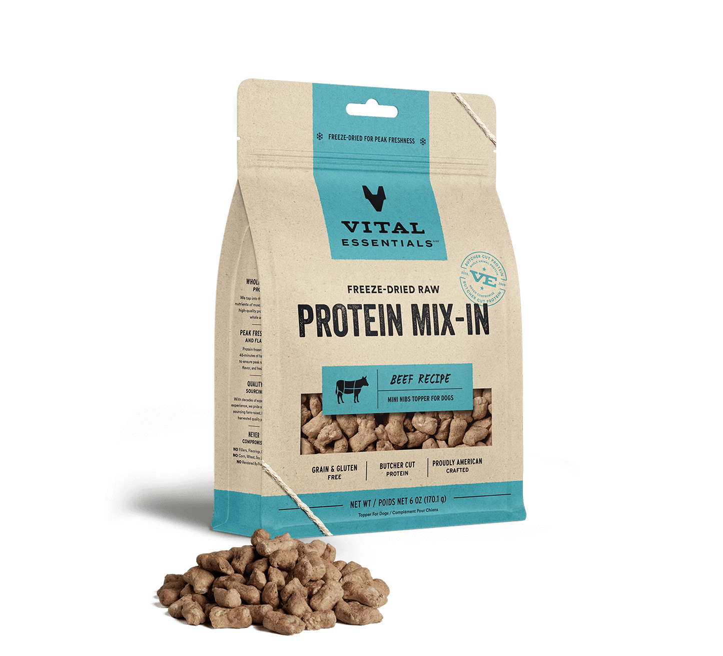 package front vital essentials®_freeze-dried raw protein mix-in_beef_recipe_mini nibs_topper for dogs