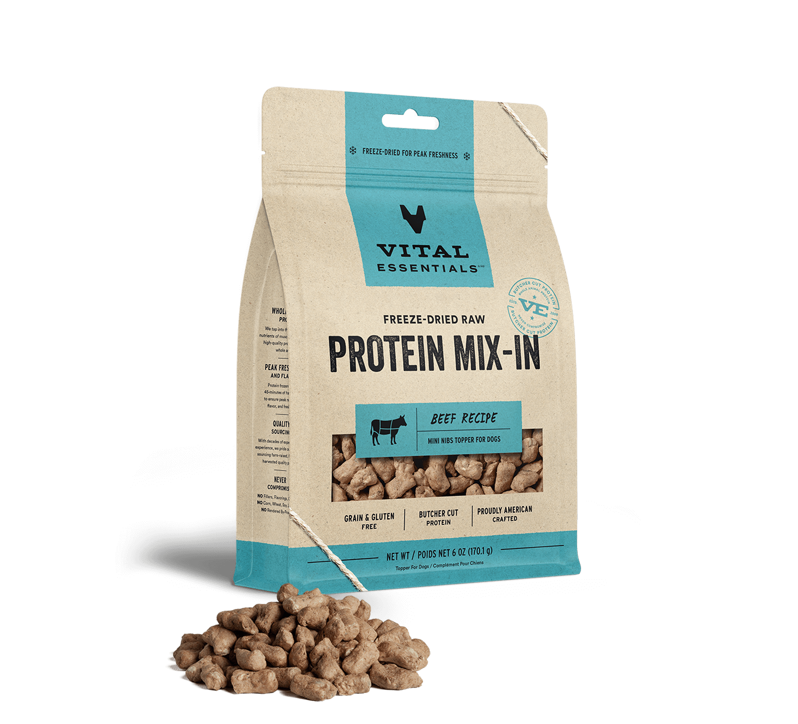 package front vital essentials®_freeze-dried raw protein mix-in_beef_recipe_mini nibs_topper for dogs