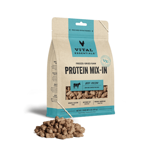 package front vital essentials®_freeze-dried raw protein mix-in_beef_recipe_mini nibs_topper for dogs