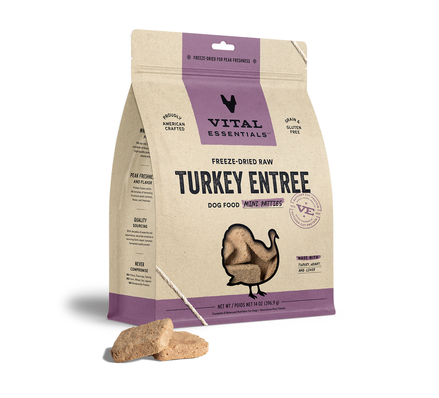 package front vital essentials®_freeze-dried raw_turkey_entree_mini patties_dog food