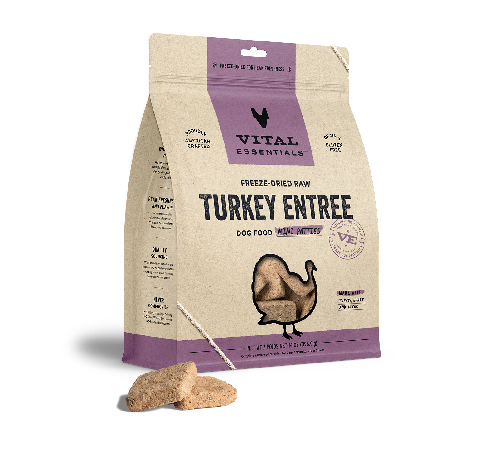 package front vital essentials®_freeze-dried raw_turkey_entree_mini patties_dog food