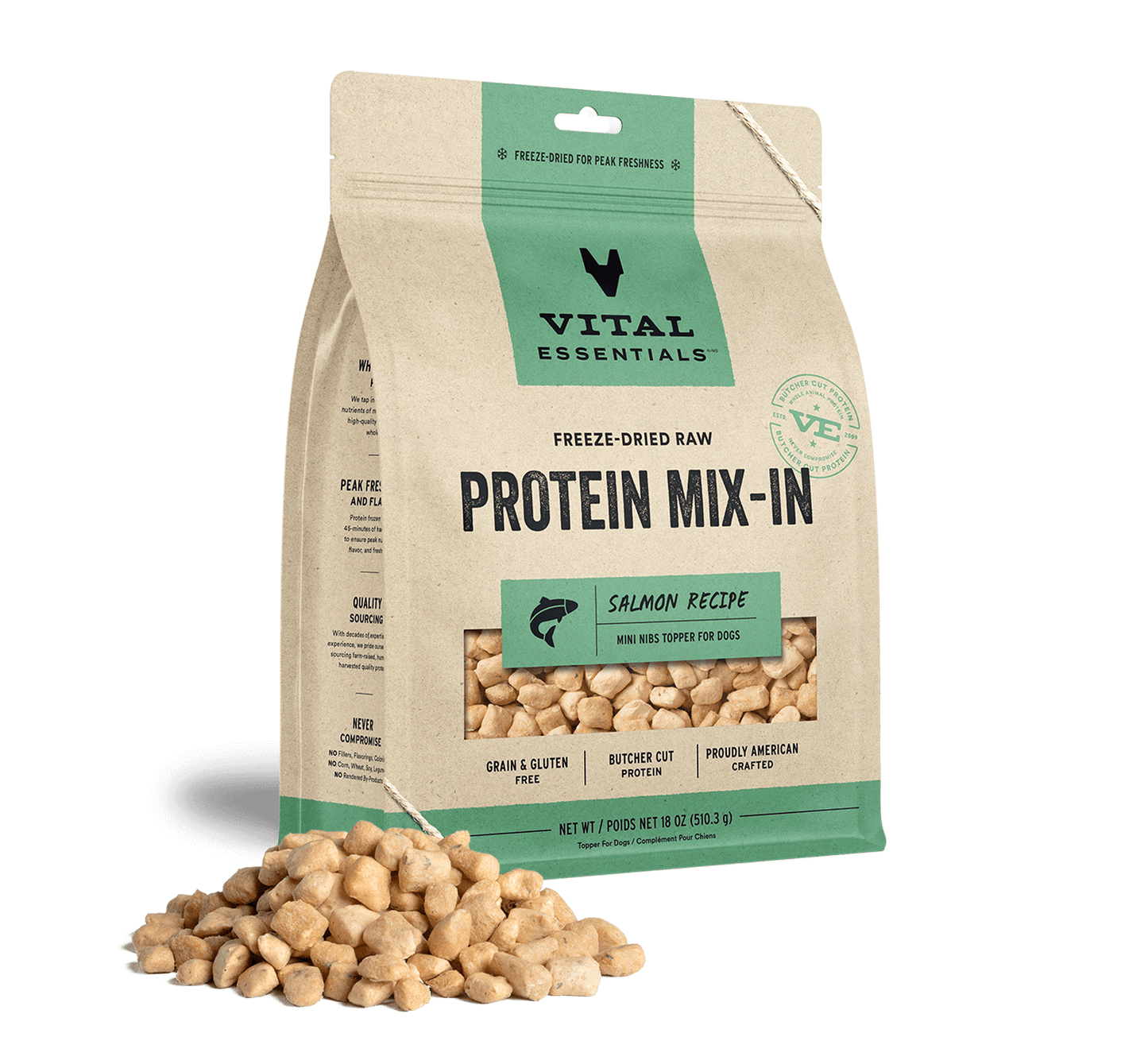 package front vital essentials®_freeze-dried raw protein mix-in_salmon_recipe_mini nibs_topper for dogs