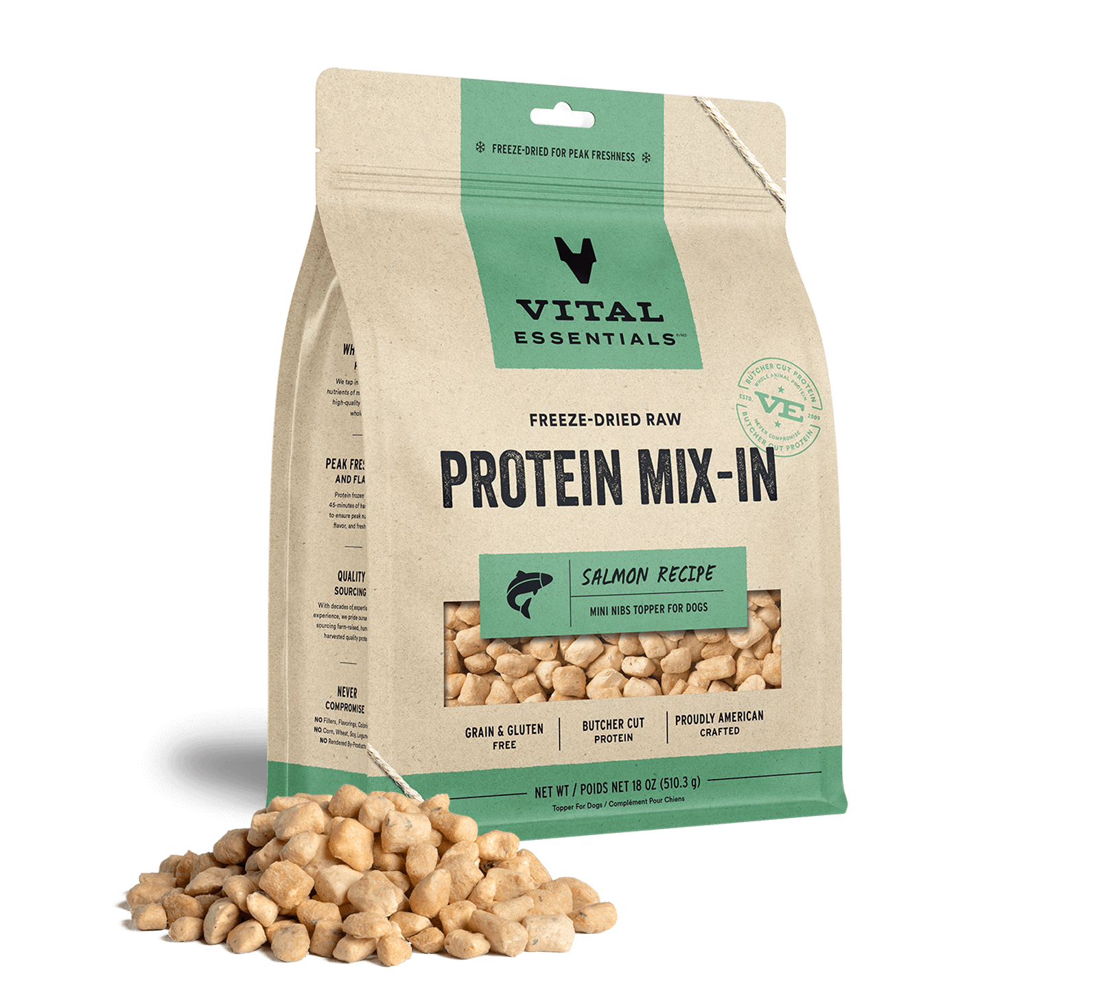 package front vital essentials®_freeze-dried raw protein mix-in_salmon_recipe_mini nibs_topper for dogs