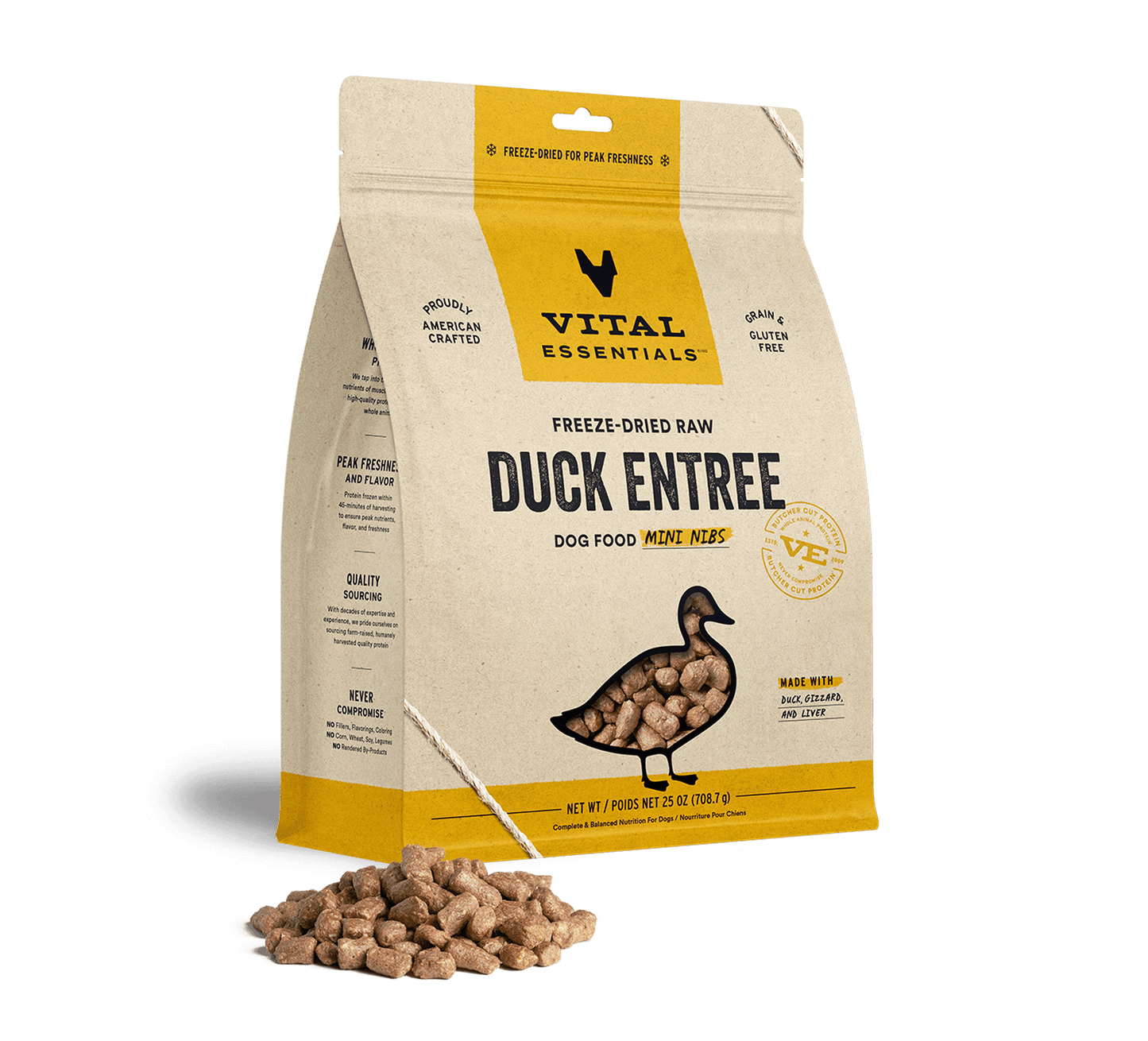 package front vital essentials®_freeze-dried raw_duck_entree_mini nibs_dog food