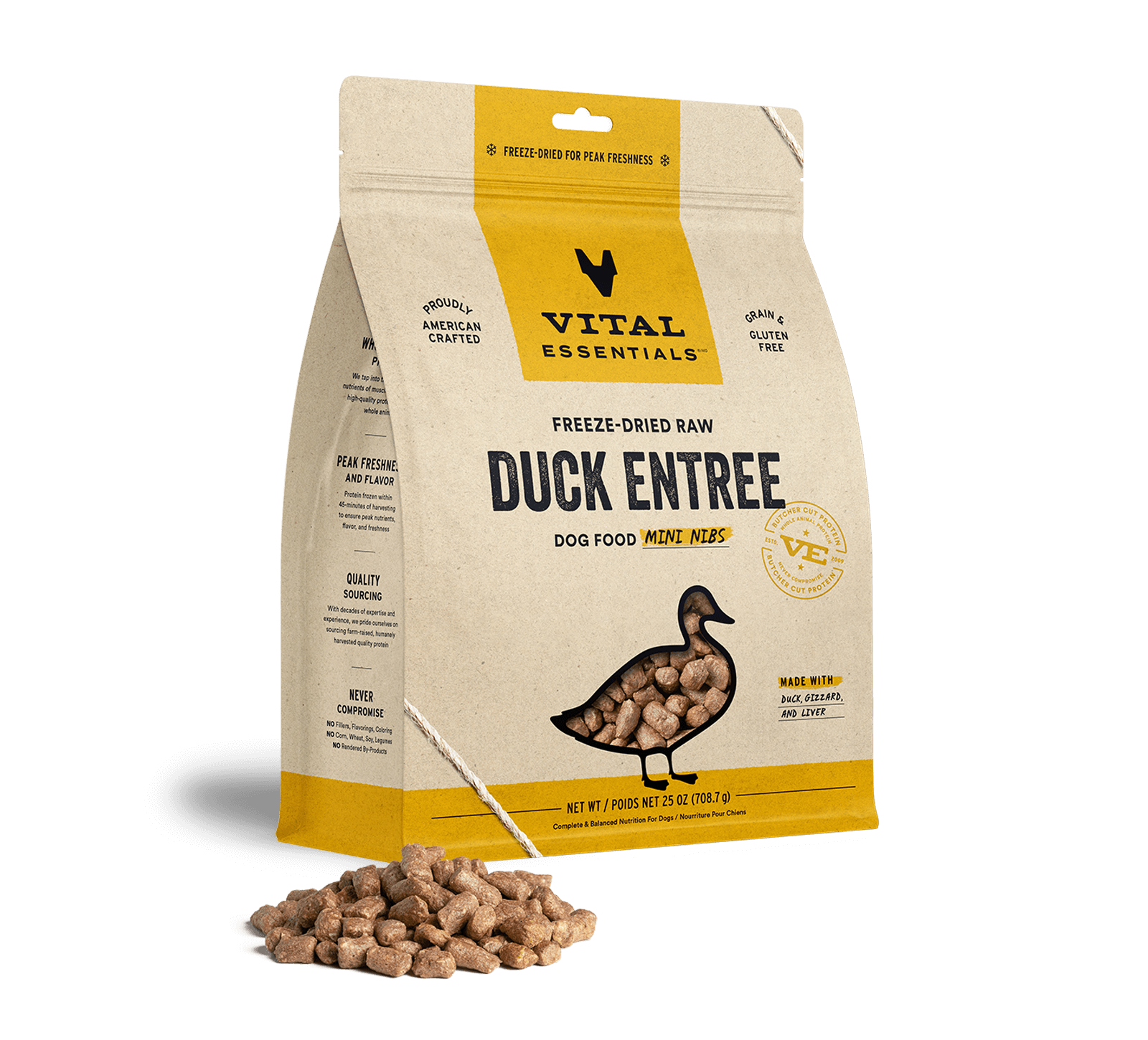 package front vital essentials®_freeze-dried raw_duck_entree_mini nibs_dog food