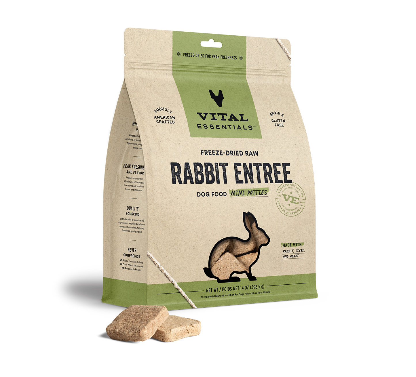 package front vital essentials®_freeze-dried raw_rabbit_entree_mini patties_dog food