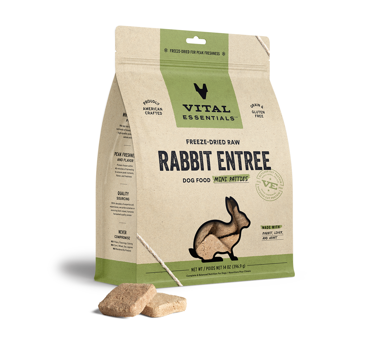 package front vital essentials®_freeze-dried raw_rabbit_entree_mini patties_dog food