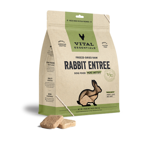 package front vital essentials®_freeze-dried raw_rabbit_entree_mini patties_dog food