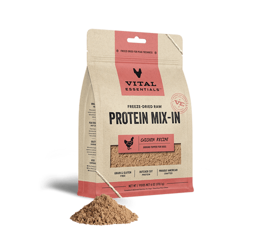 package front vital essentials®_freeze-dried raw protein mix-in_chicken_recipe_ground_topper for dogs